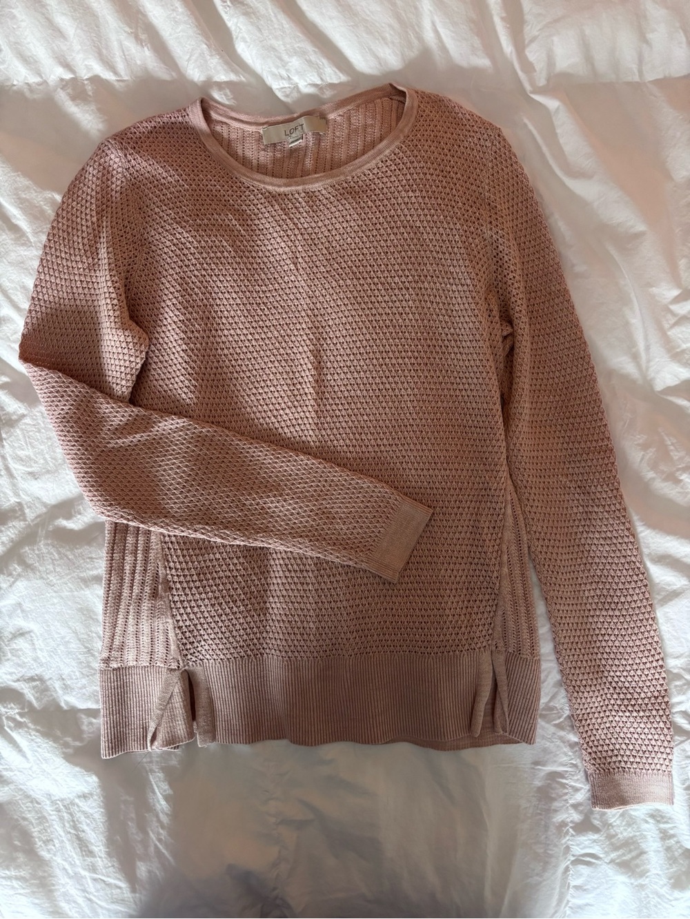 New! LOFT Dusty Pink Waffle Knit Crewneck Fishneck Sweater XS